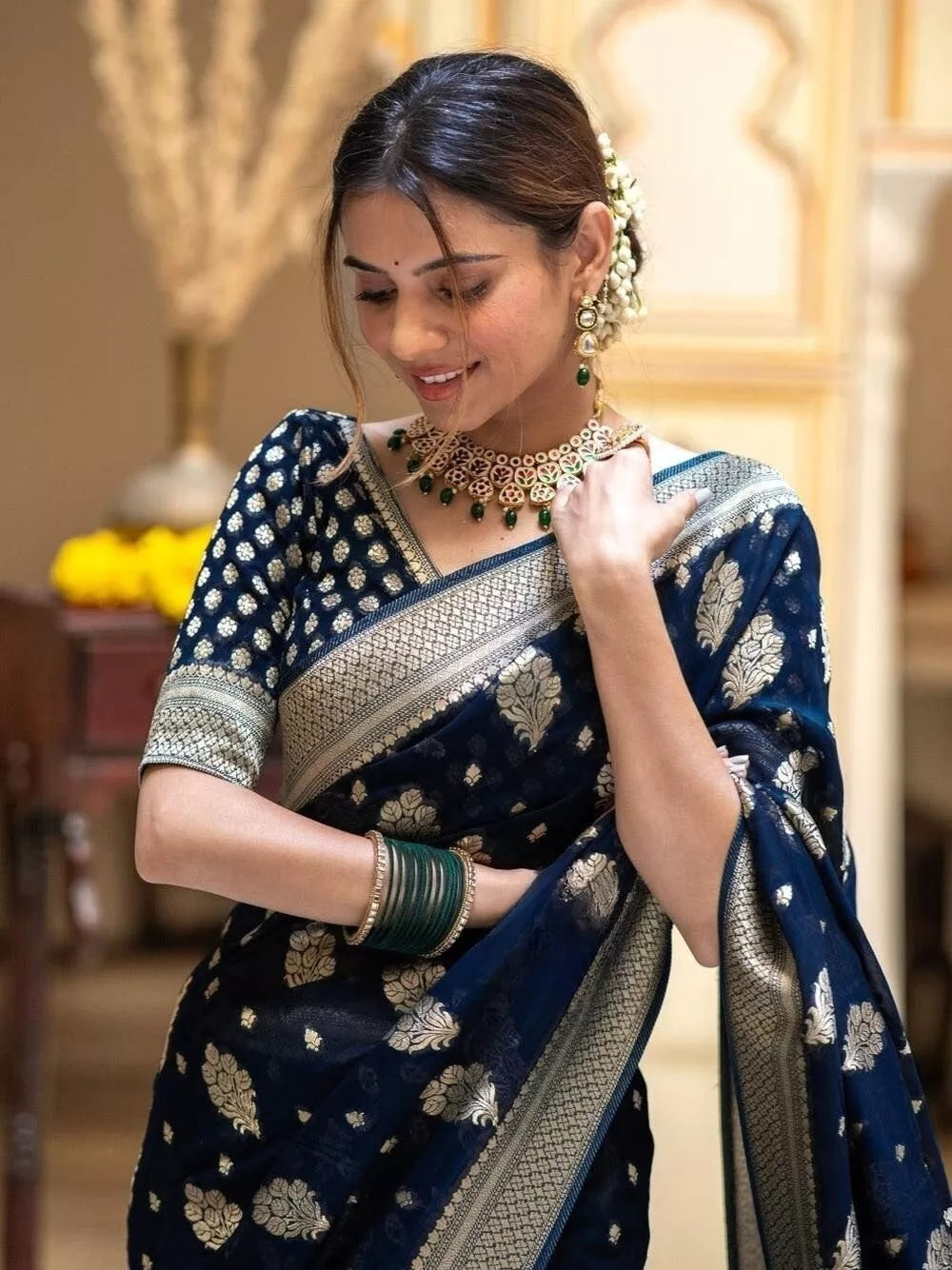 Women Navy Blue Banarasi Soft Silk Saree image 5