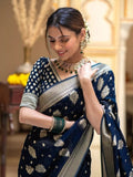 Women Navy Blue Banarasi Soft Silk Saree image 5