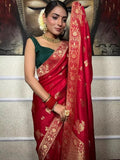 Red  Banarasi Soft Silk Saree image 7