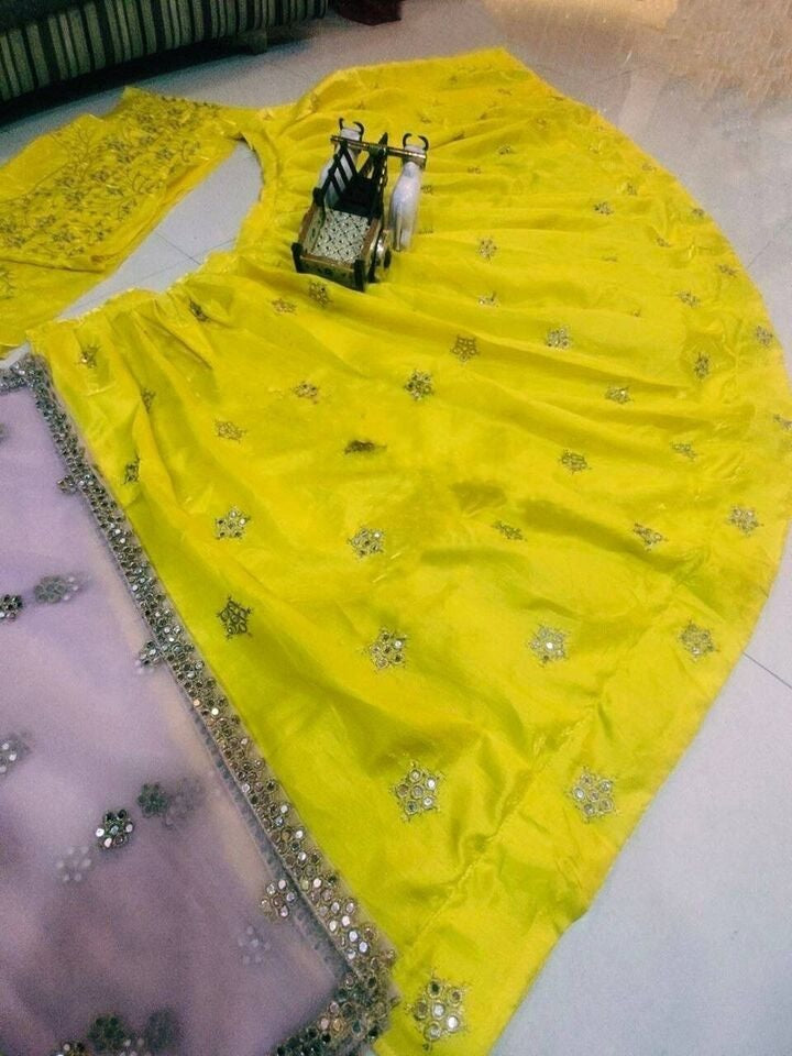 Yellow Satin Silk Embroidery Mirror Work Lehenga Blouse Dupatta image 3