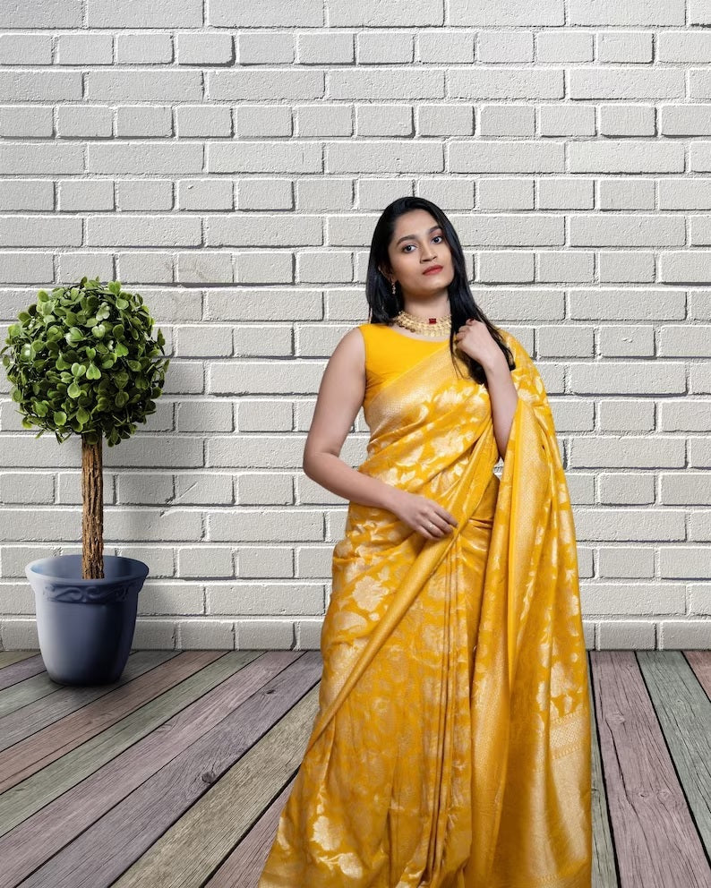 Yellow Color Soft Lichi Silk & Jacquard Weaving Work Saree image 3