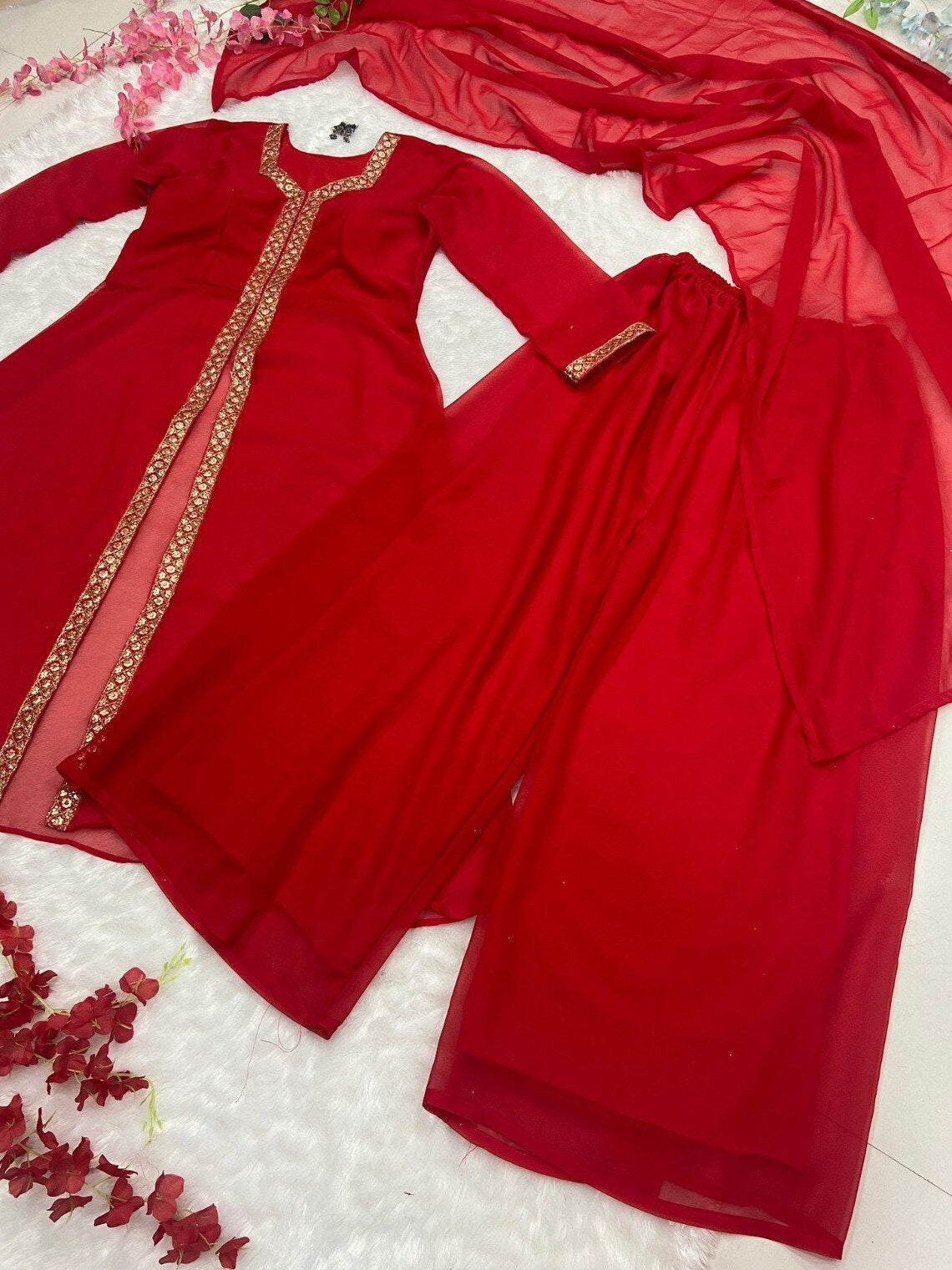 Red Premium Georgette Embroider Work Salwar Kameez With Dupatta image 6