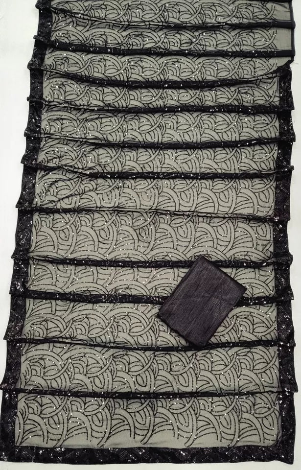 Black Georgette Embroidery Sequence Work Saree With Unstitched Blouse image 8