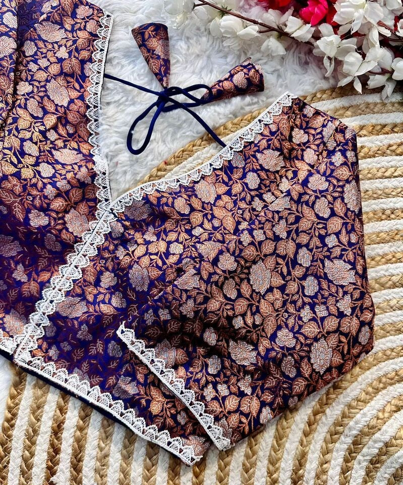 Banaras Silk Blouse Golden And Silver Jari Blouse, Ready Made Blouse image 11