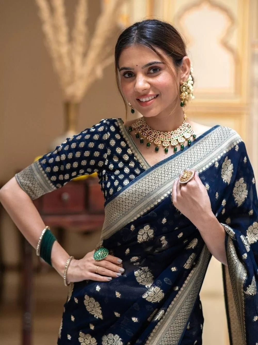 Women Navy Blue Banarasi Soft Silk Saree image 7