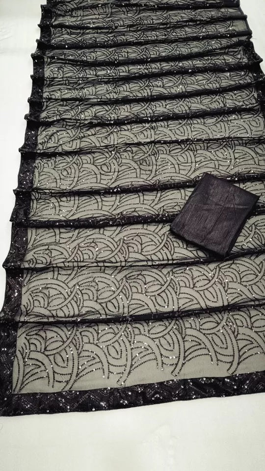 Black Georgette Embroidery Sequence Work Saree With Unstitched Blouse image 6