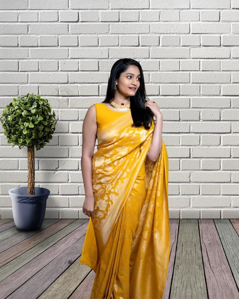 Yellow Color Soft Lichi Silk & Jacquard Weaving Work Saree image 4
