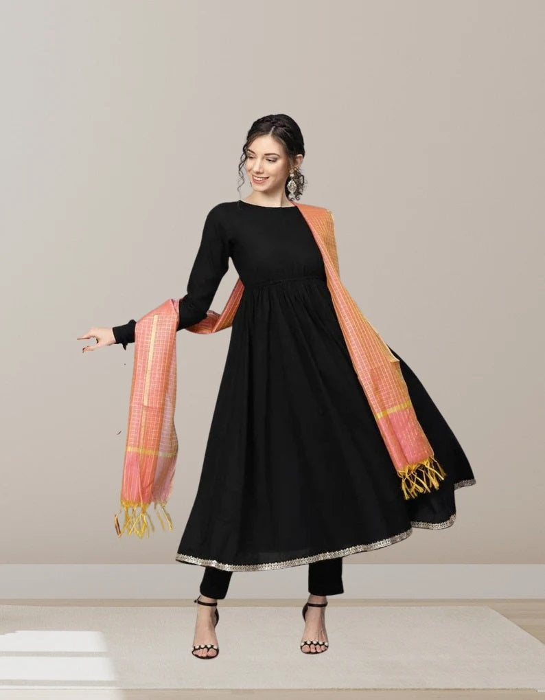 Black Pure Cotton Long Salwar Kameez With Dupatta image 5