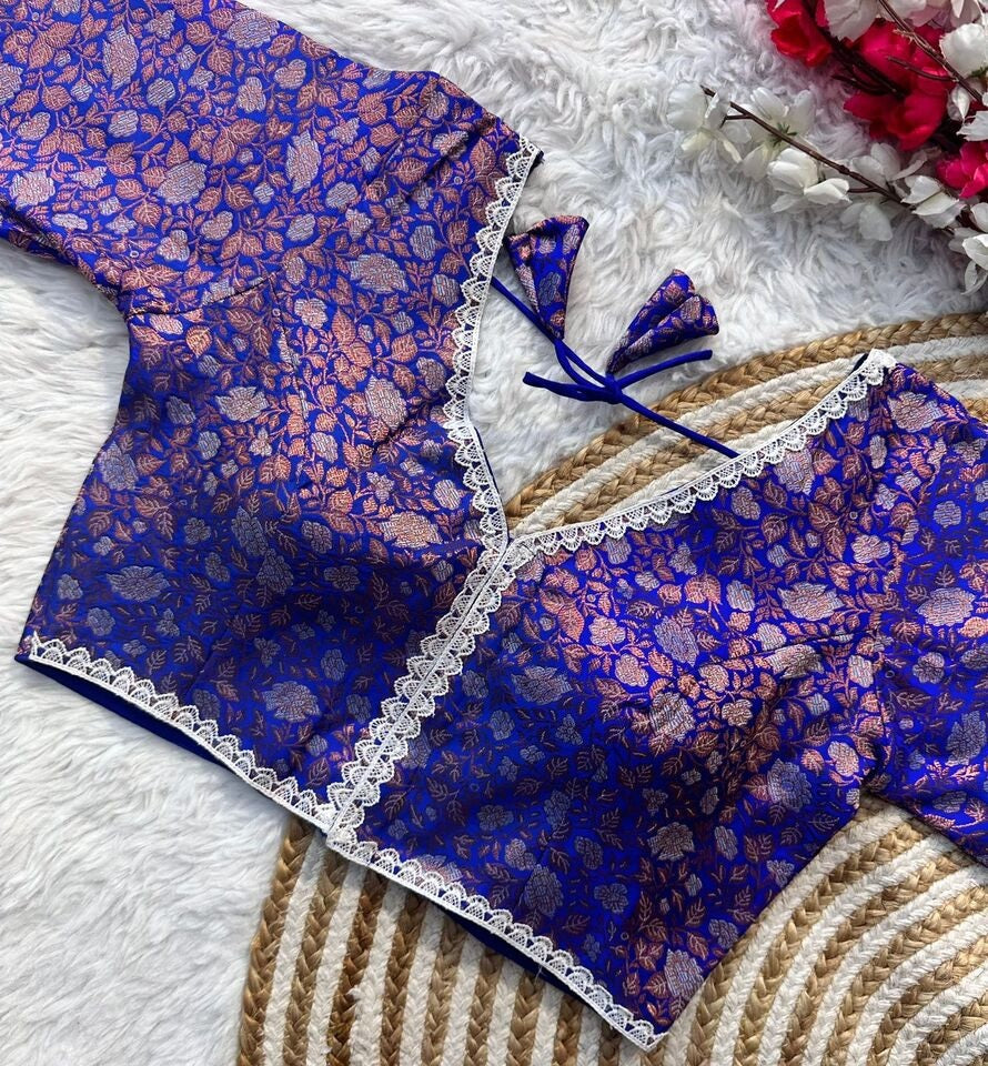 Banaras Silk Blouse Golden And Silver Jari Blouse, Ready Made Blouse image 13