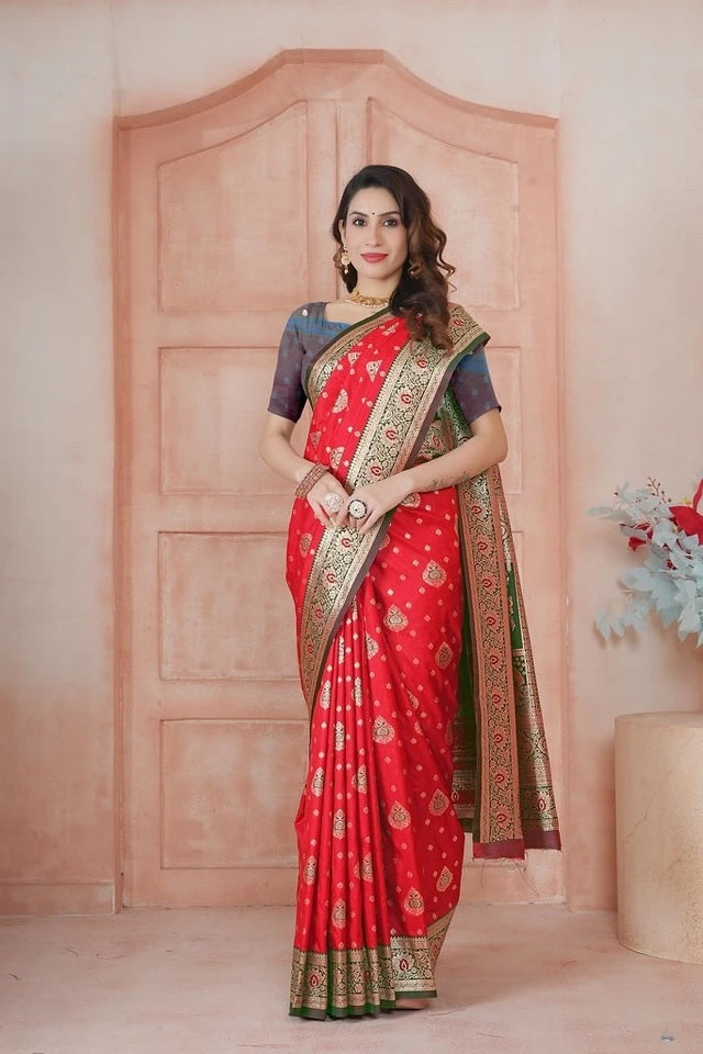 Elegant Soft Silk Weaving Saree With Banarasi Jari Work With Blouse 11-VF image 7