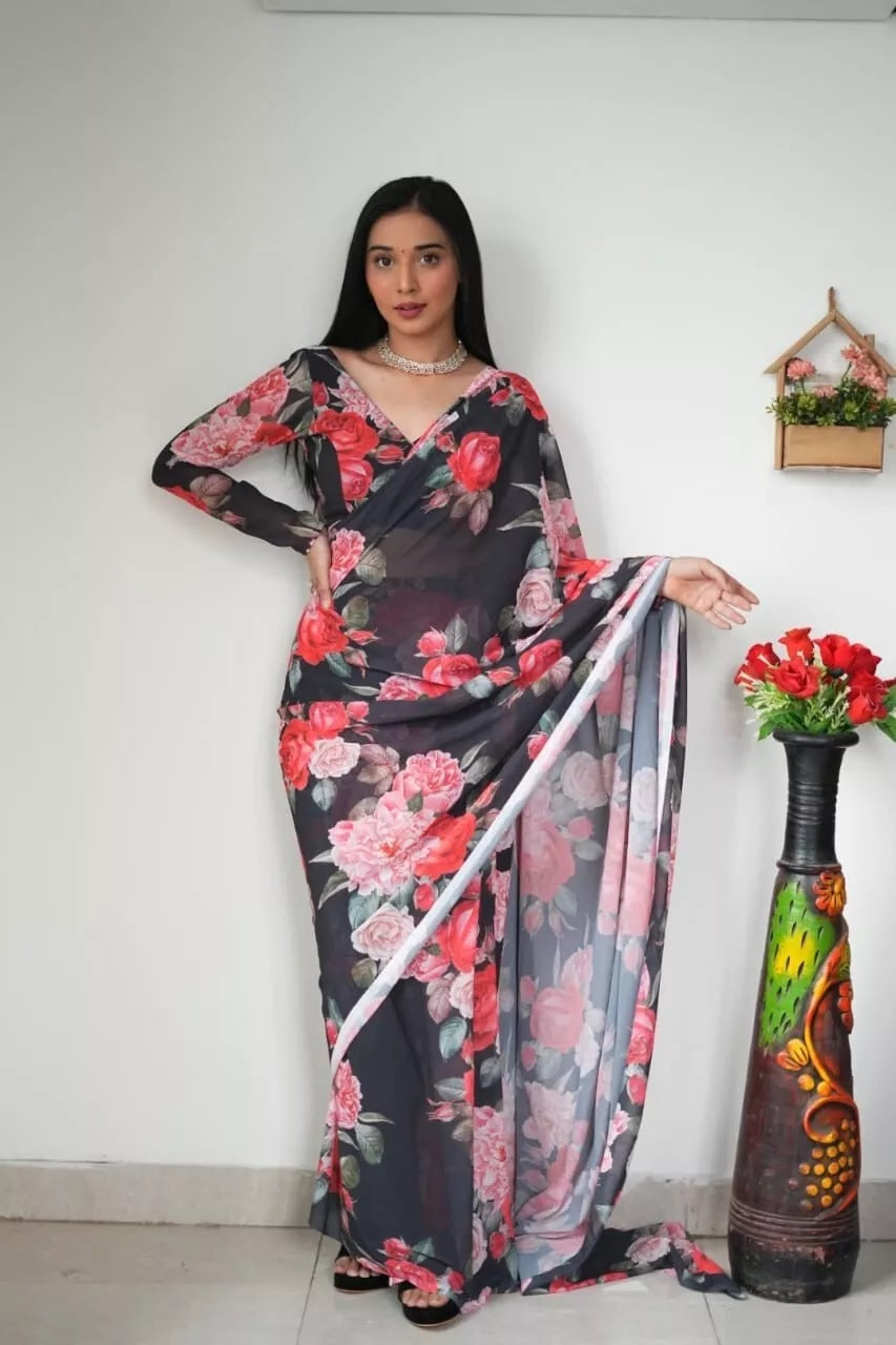 Pure Soft Georgette Silk Ready To Wear Saree With Blouse image 1