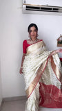 White Soft Lichi Silk & Jacquard Border Saree With Blouse image 1