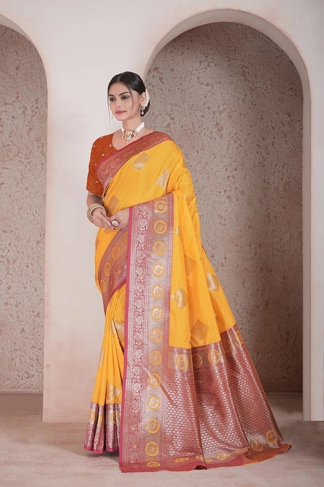 Traditional Soft Silk Weaving Heavy Banarasi Pallu Sari With Blouse 11-VF image 8