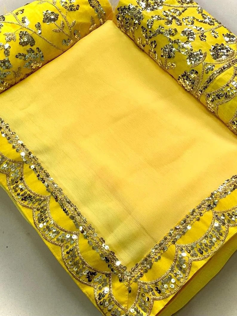 Yellow Moss chiffon & Sequence Embroidered Work Saree With Blouse image 7