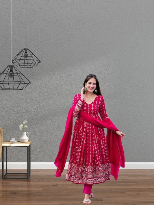 Rani Heavy Muslin Fancy Thread Mirror Work Gown Pant Dupatta image 1