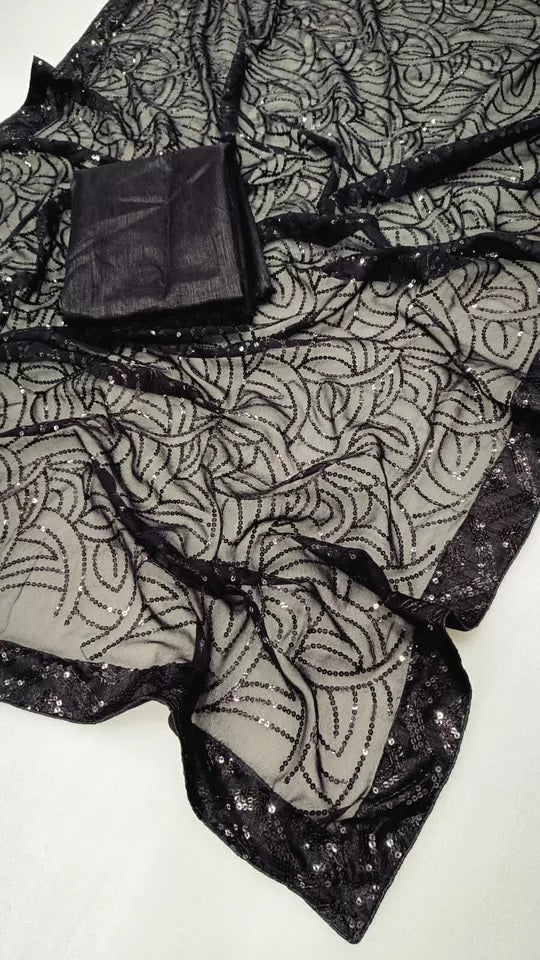 Black Georgette Embroidery Sequence Work Saree With Unstitched Blouse image 7