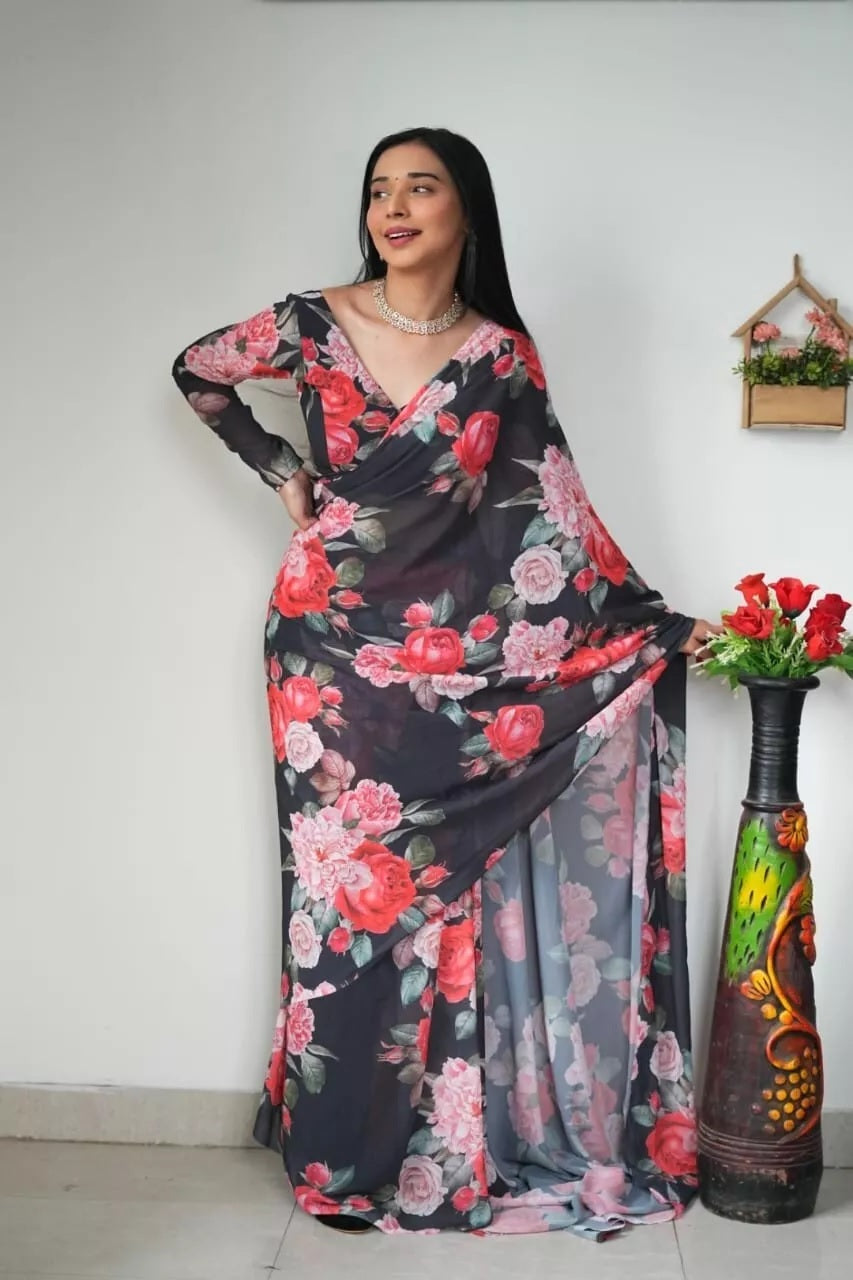 Pure Soft Georgette Silk Ready To Wear Saree With Blouse image 2
