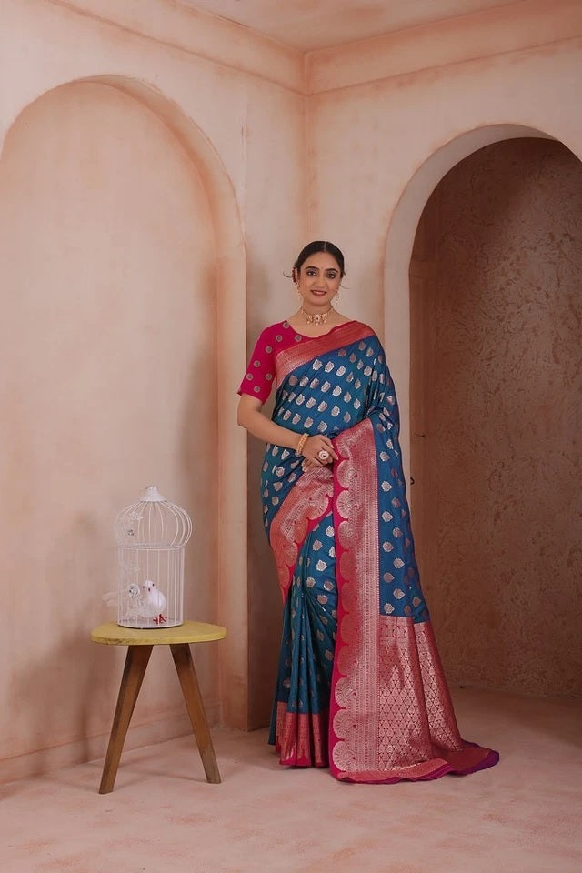 Indian Soft Silk Weaving Saree With Banarasi Jari Work With Blouse 11-VF image 8