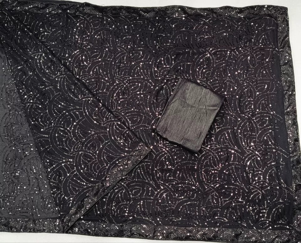 Black Georgette Embroidery Sequence Work Saree With Unstitched Blouse image 9
