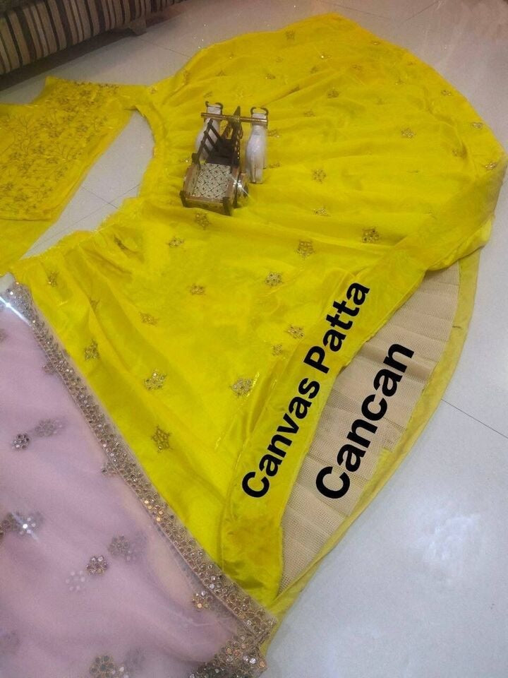 Yellow Satin Silk Embroidery Mirror Work Lehenga Blouse Dupatta image 6
