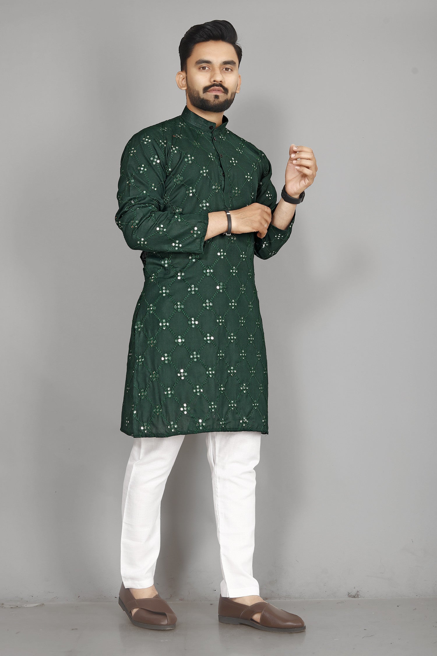 Dark Green Cotton Mirror Embroidery Casual Men's Kurta With Pajama image 4