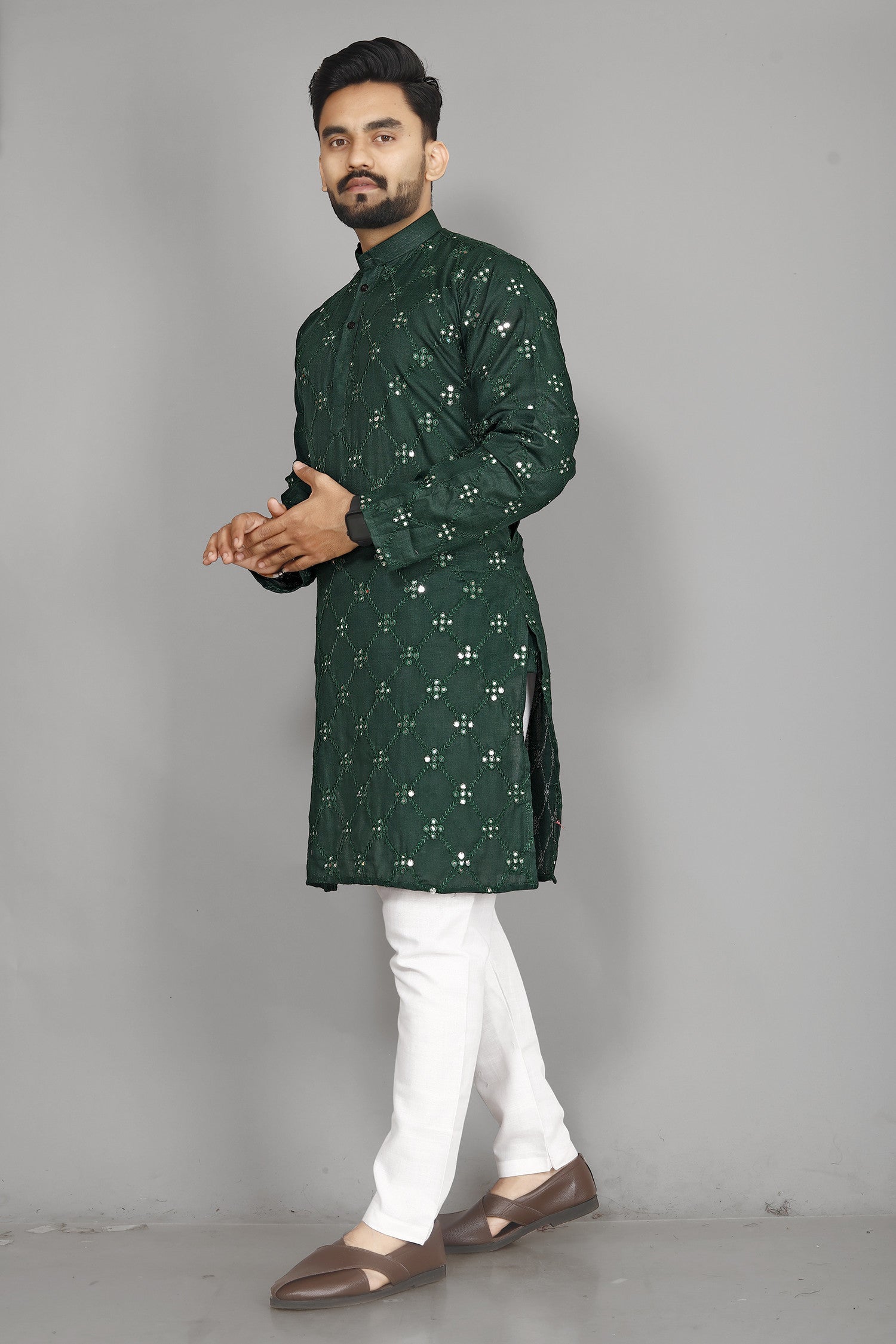 Dark Green Cotton Mirror Embroidery Casual Men's Kurta With Pajama image 3
