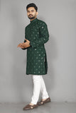 Dark Green Cotton Mirror Embroidery Casual Men's Kurta With Pajama image 3