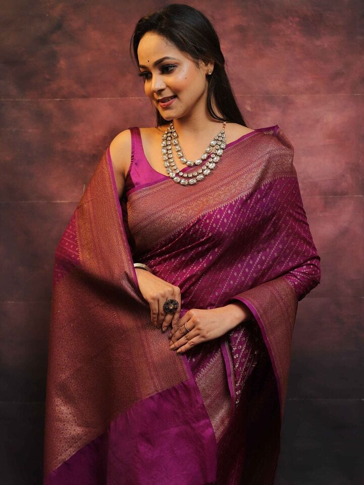 Redviolet Banarasi Soft Silk Saree With Unstitched Blouse image 9