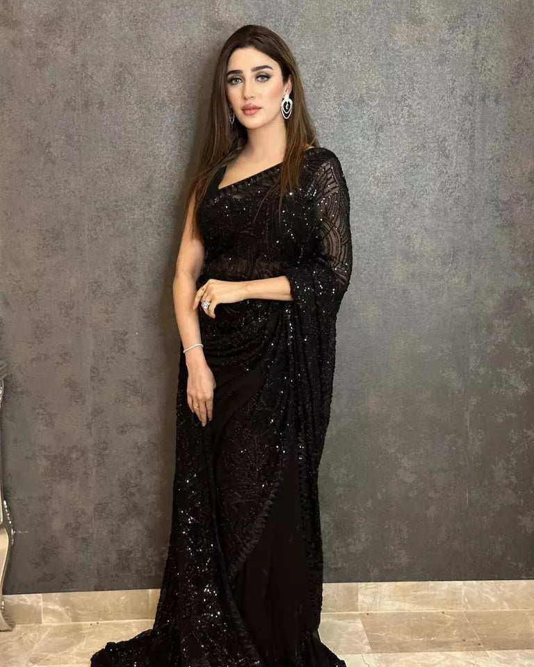 Black Georgette Embroidery Sequence Work Saree With Unstitched Blouse image 3