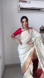 White Soft Lichi Silk & Jacquard Border Saree With Blouse image 3