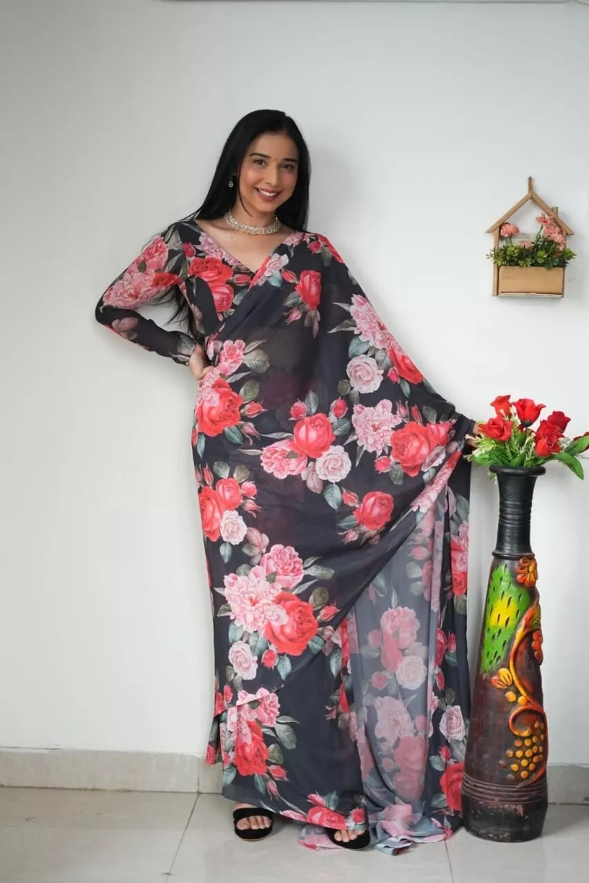 Pure Soft Georgette Silk Ready To Wear Saree With Blouse image 4