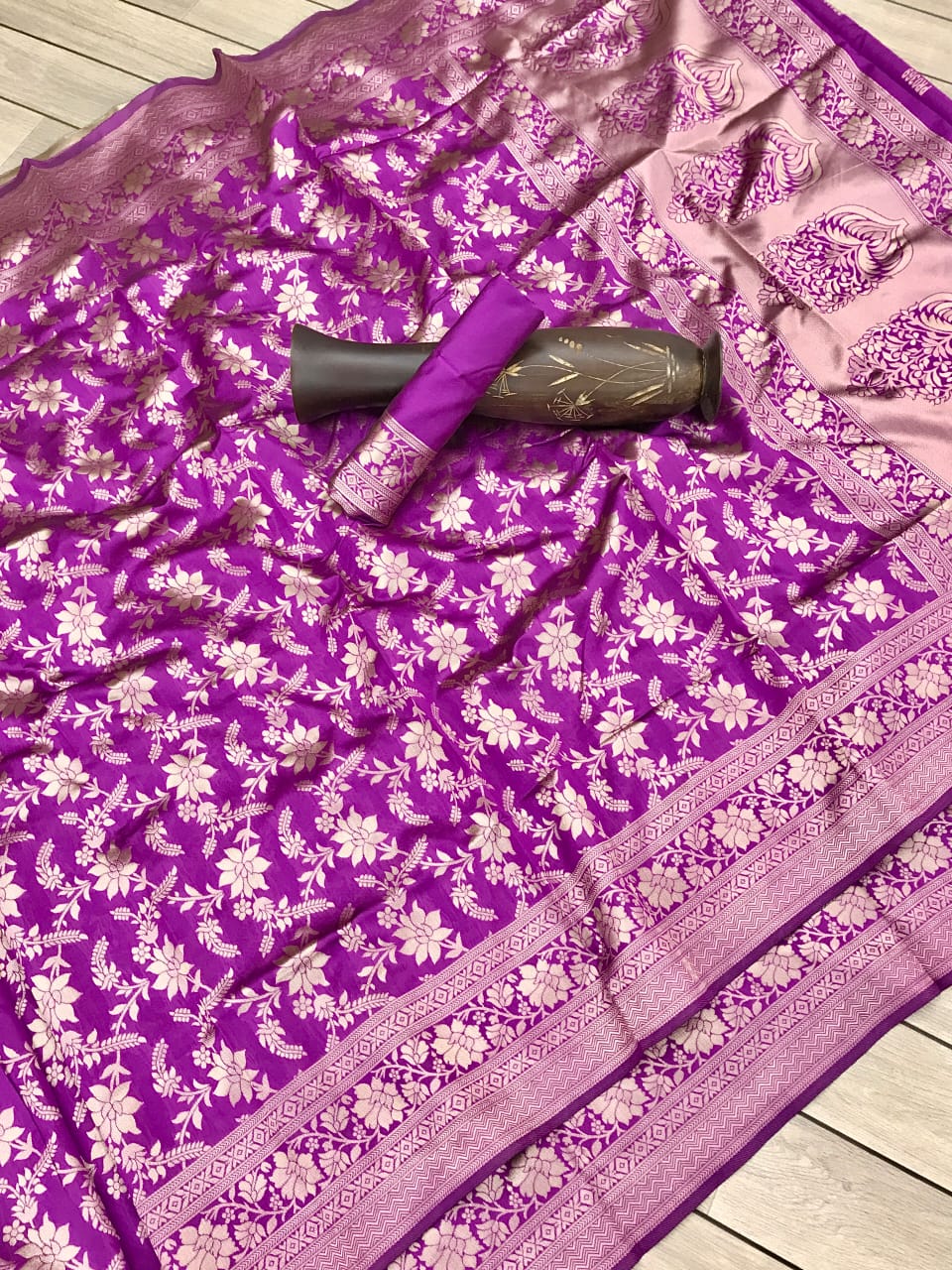 Wine Soft Lichi Silk Jacquard Border Saree image 5