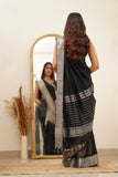 Black Banarasi Soft Silk Plain Saree with Unstitched Blouse image 7