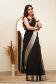 Black Banarasi Soft Silk Plain Saree with Unstitched Blouse image 1