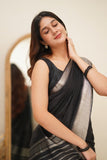 Black Banarasi Soft Silk Plain Saree with Unstitched Blouse image 5
