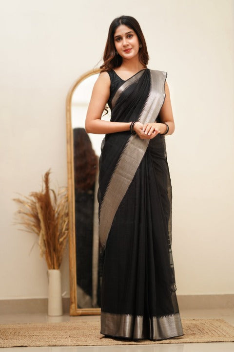 Black Banarasi Soft Silk Plain Saree with Unstitched Blouse image 6