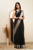 Black Banarasi Soft Silk Plain Saree with Unstitched Blouse image 6