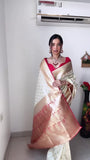 White Soft Lichi Silk & Jacquard Border Saree With Blouse image 4