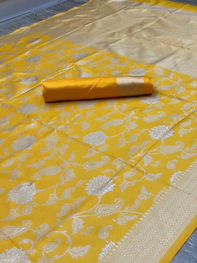 Yellow Color Soft Lichi Silk & Jacquard Weaving Work Saree image 8