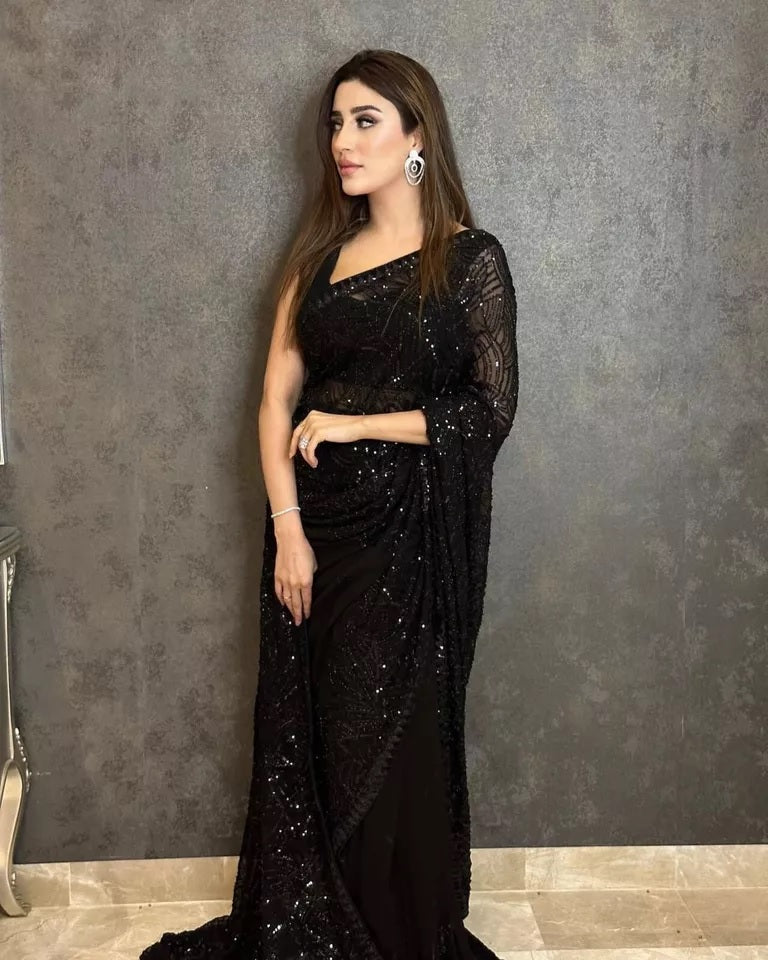 Black Georgette Embroidery Sequence Work Saree With Unstitched Blouse image 4