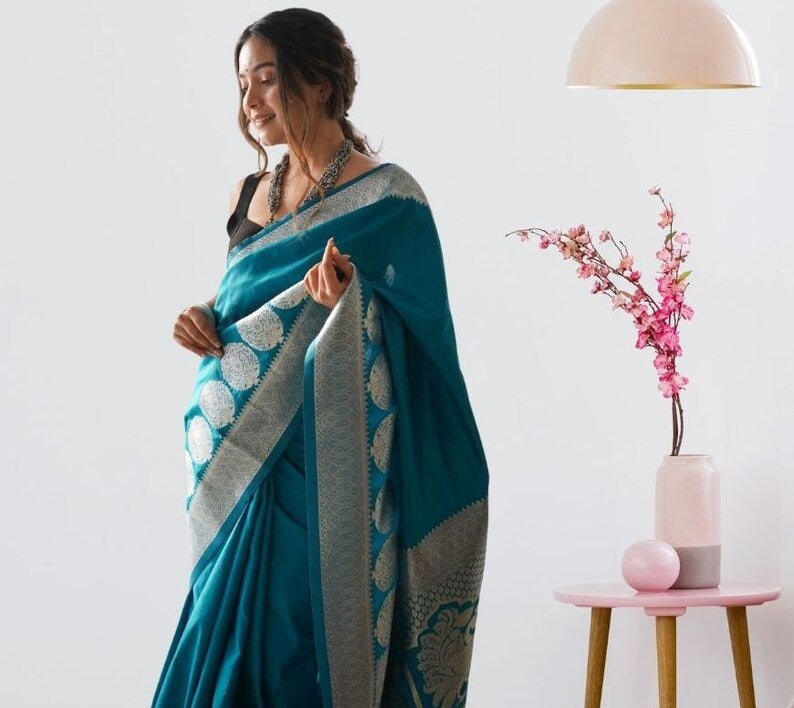 Pure Lichi Silk Zari Golden Weaving Saree With Blouse image 6
