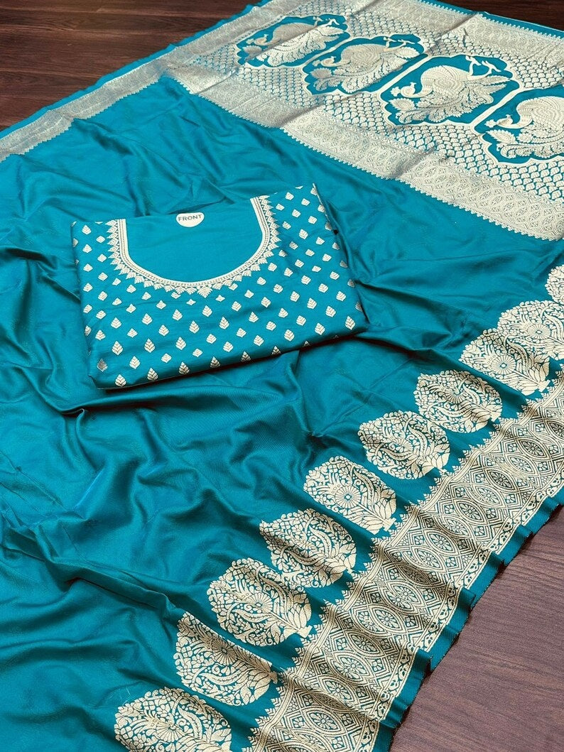 Pure Lichi Silk Zari Golden Weaving Saree With Blouse image 7