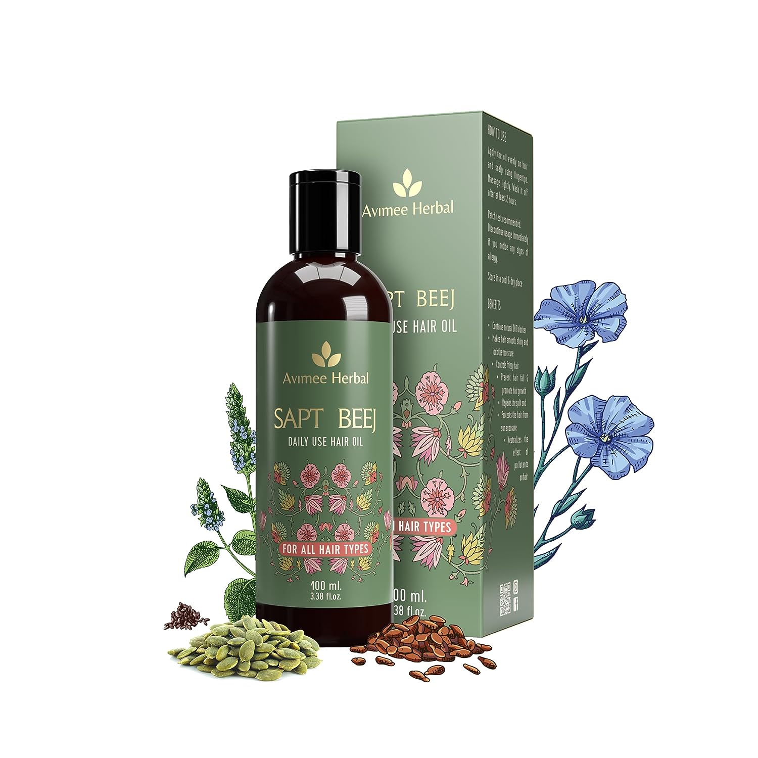 Avimee Herbal Sapt Beej Hair Oil 7 Oils In One Non Sticky & Non Greasy Hair Oil  Stronger Hair, Nourished Scalp With Goodness of 7 Seeds 100ml image 1