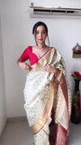 White Soft Lichi Silk & Jacquard Border Saree With Blouse image 5