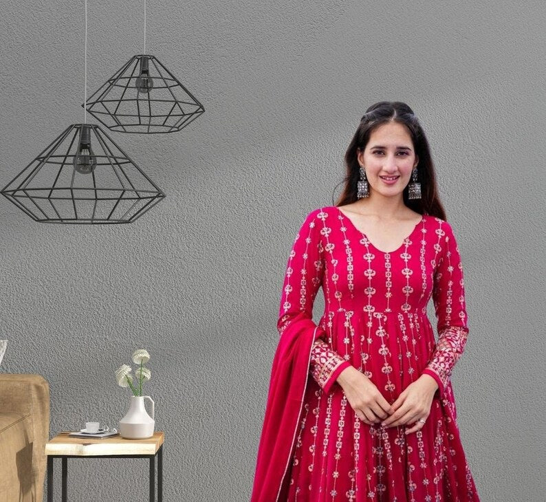 Rani Heavy Muslin Fancy Thread Mirror Work Gown Pant Dupatta image 5