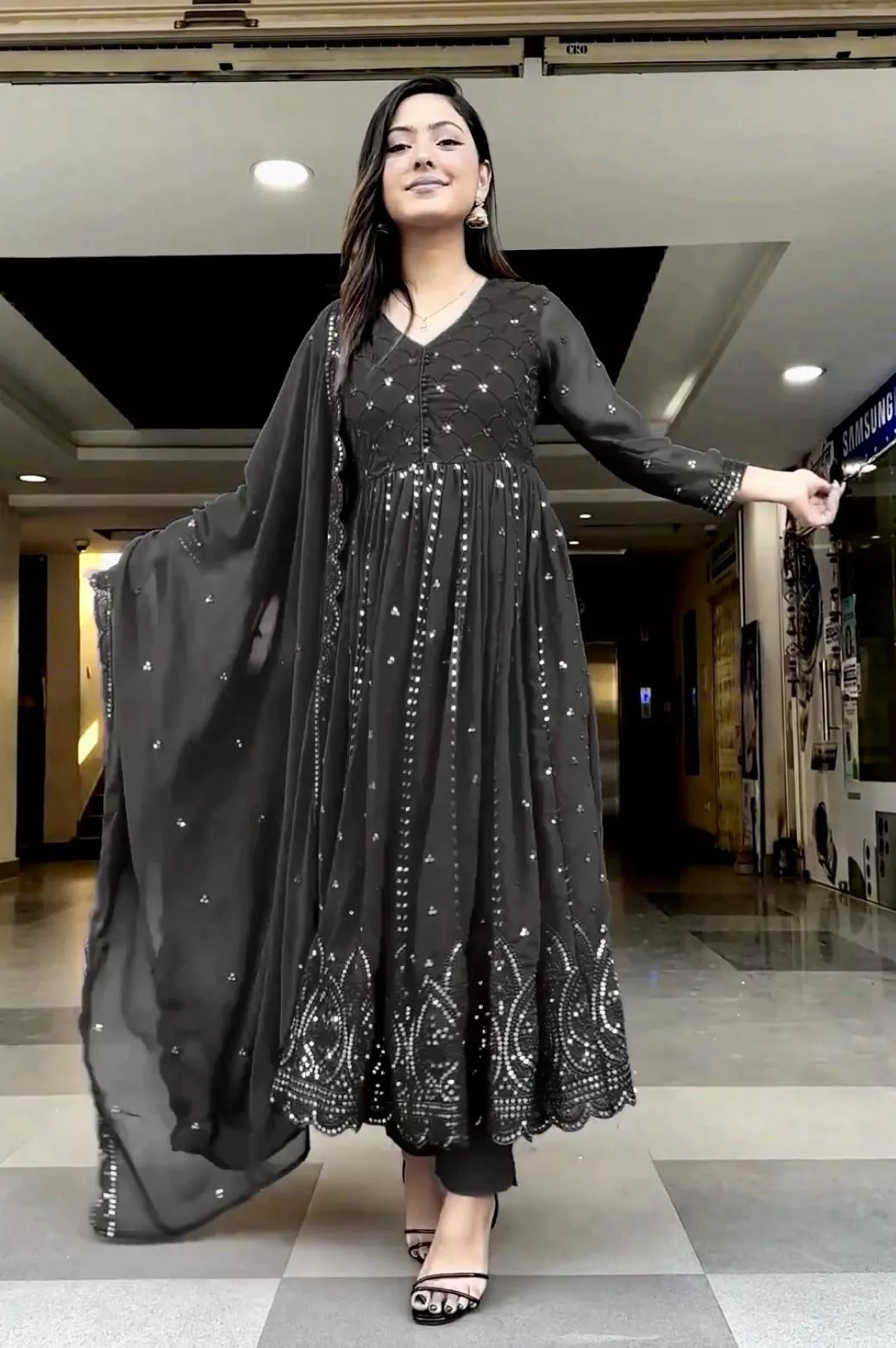 Black Faux Georgette With Embroidery Sequence Work Salwar Kameez Dupatta image 2