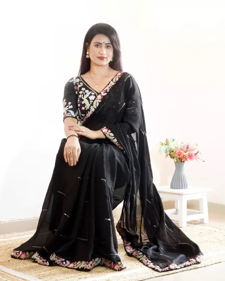 Black Heavy Glooming Rangoli Silk Saree Stitched Blouse image 2