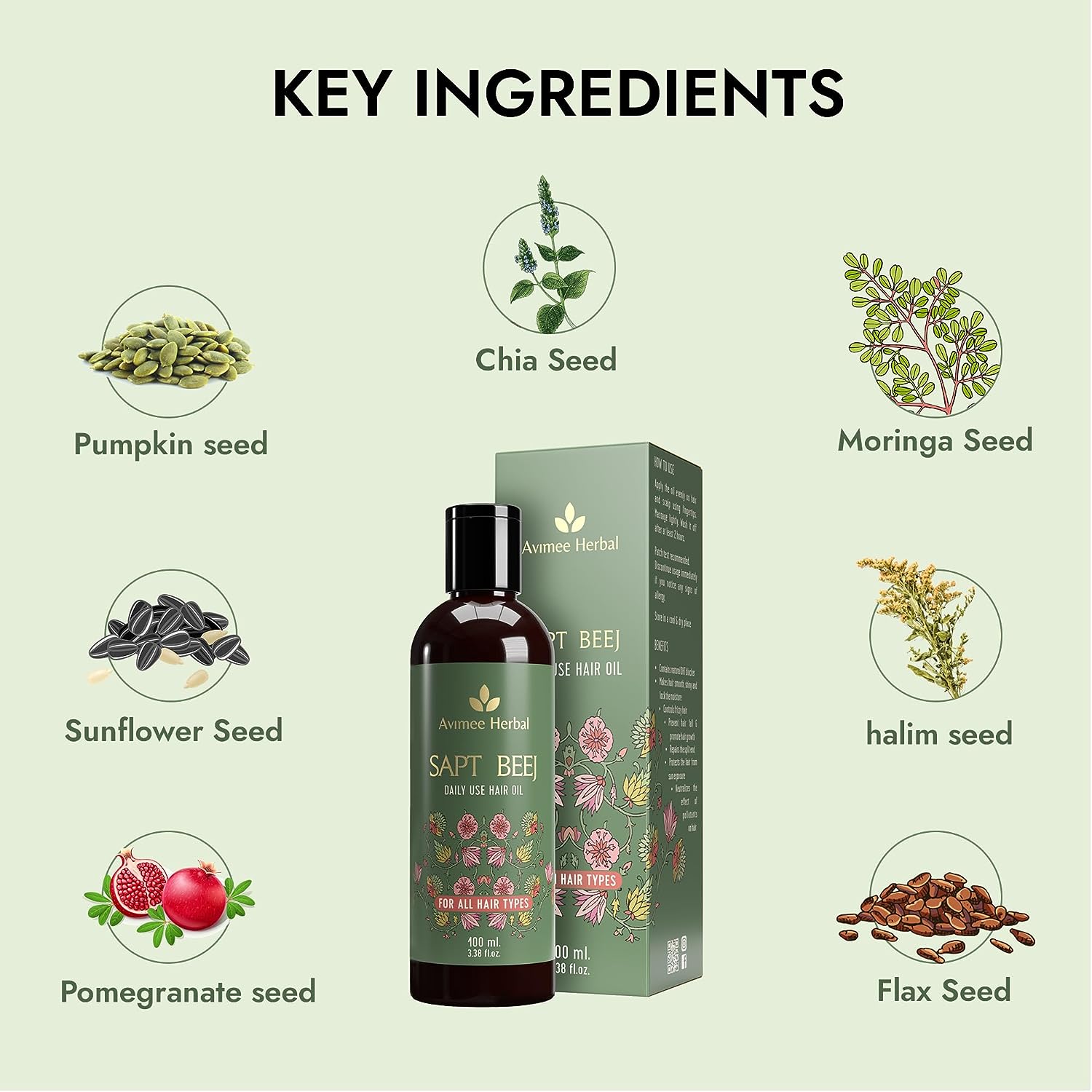 Avimee Herbal Sapt Beej Hair Oil 7 Oils In One Non Sticky & Non Greasy Hair Oil  Stronger Hair, Nourished Scalp With Goodness of 7 Seeds 100ml image 2