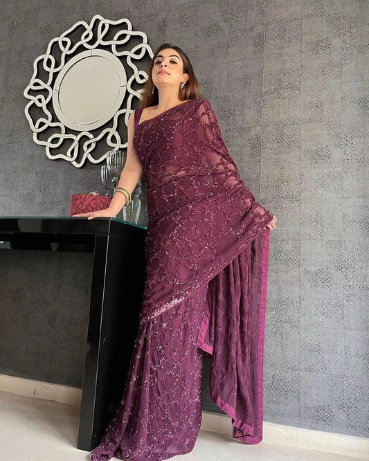 Georgette Heavy Satin Banglori Silk Sareee & Blouse image 1