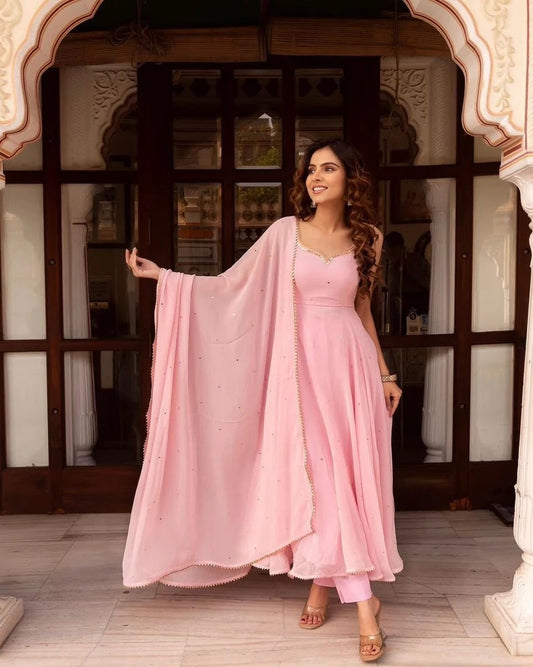 Peach Georgette & Sequence Work Gown Dresses With Dupatta image 1